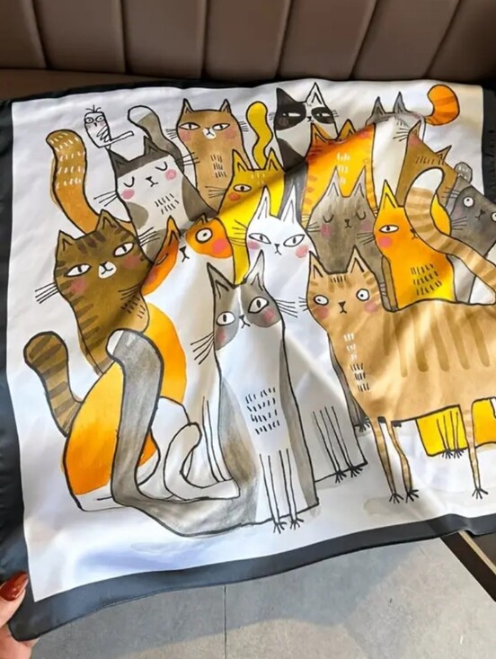 Accessories - Silk-feel  White & Yellow Cat Print  Scarf Head Scarf , Neck Scarf